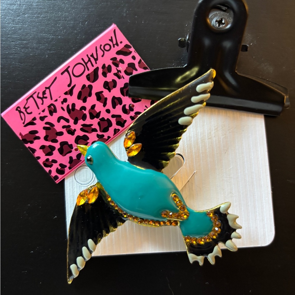Betsey Johnson Teal Bird Brooch Rhinestone Statement Pin Black Gold Accent